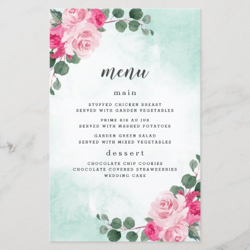 Pink  Green Watercolor Floral Wedding Menu Cards