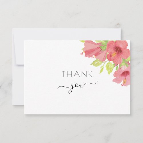 Pink  Green Watercolor Floral Wedding Photo Thank You Card