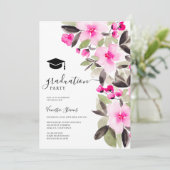 Pink green watercolor flowers graduation invitation (Standing Front)