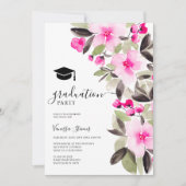 Pink green watercolor flowers graduation invitation (Front)