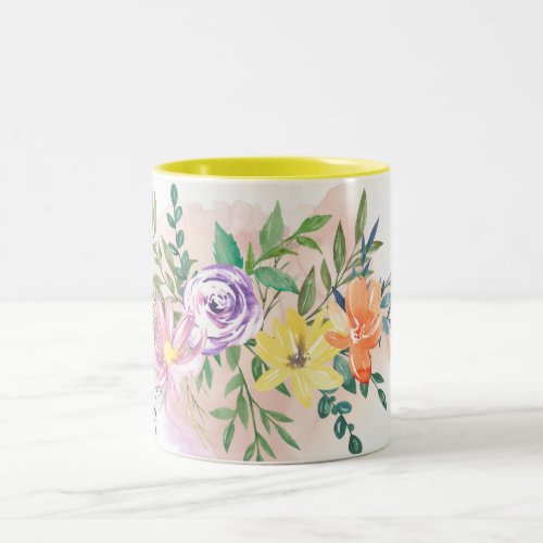 Pink Green Watercolor Flowers Two_Tone Coffee Mug