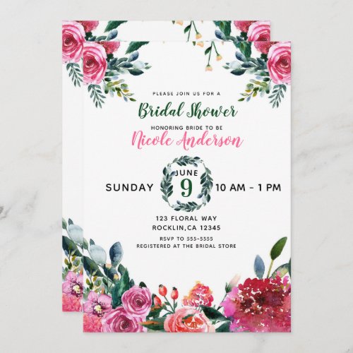 Pink Green Watercolor Flowers Vintage Floral Chic Invitation