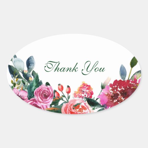 Pink Green Watercolor Flowers Vintage Floral Chic Oval Sticker