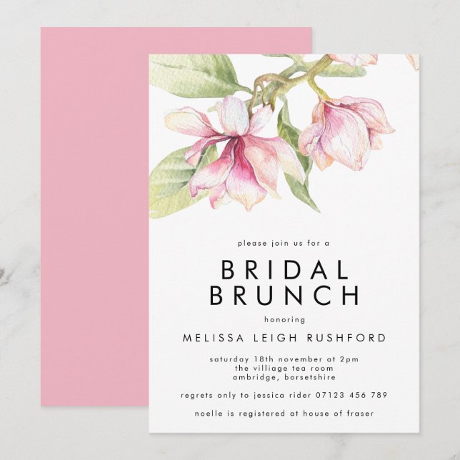 Pink & Green Watercolor Magnolia Bridal Brunch Invitation (Front/Back)