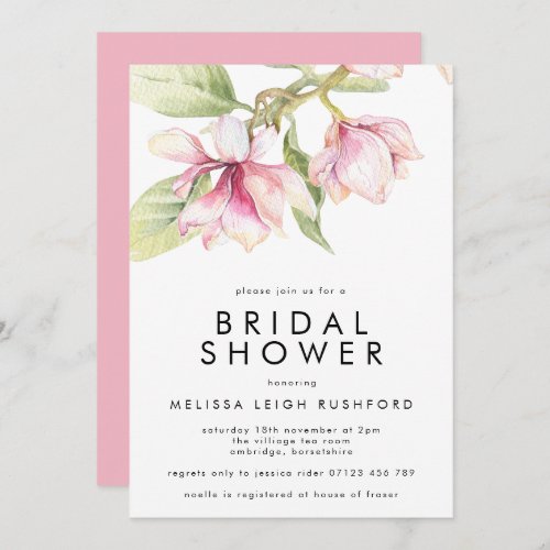 Pink  Green Watercolor Magnolia Bridal Shower Invitation