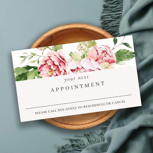 Pink Green Watercolor Peony Floral Appointment Business Card (Creator Uploaded)