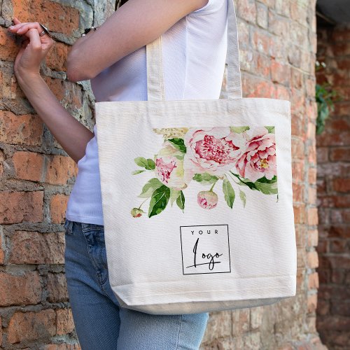 Pink Green Watercolor Peony Floral Business Logo Tote Bag