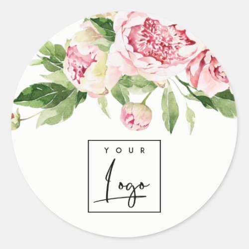 Pink Green Watercolor Peony Floral Logo Business Classic Round Sticker