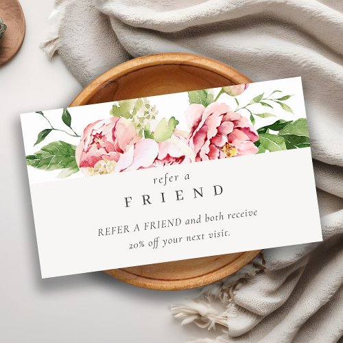 Pink Green Watercolor Peony Floral Refer A Friend Business Card