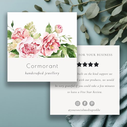Pink Green Watercolor Peony Floral Review Request  Square Business Card