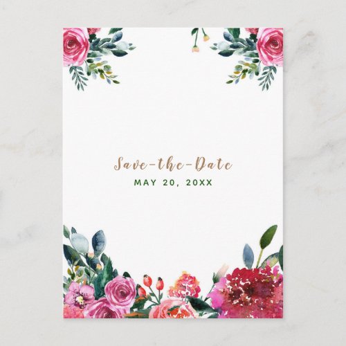 Pink Green Watercolor Vintage Floral Save the Date Announcement Postcard