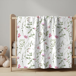 Pink Green Watercolor Wildflower Baby Blanket