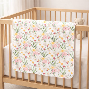 Pink Green Watercolor Wildflower Baby Blanket