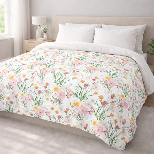 Pink Green Watercolor Wildflower Duvet Cover