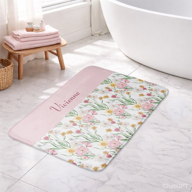 Pink Green Watercolor Wildflower Monogram Bath Mat (Pink Green Watercolor Wildflower Monogram Bath Mat)