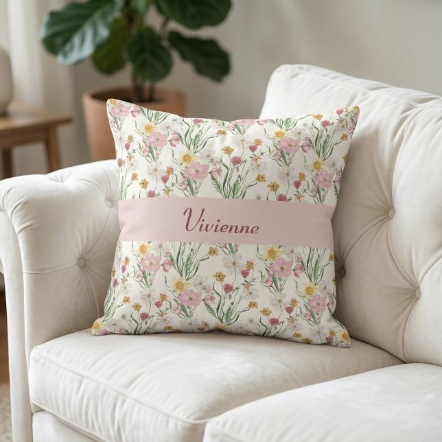 Pink Green Watercolor Wildflower Monogram Name Throw Pillow (Pink Green Watercolor Wildflower Name Throw Pillow)