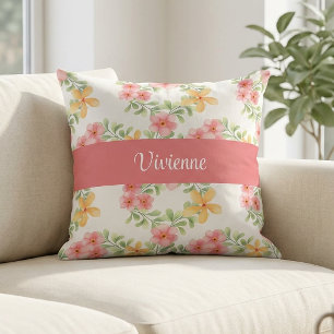 Pink Green Watercolor Wildflower Monogram Name Throw Pillow