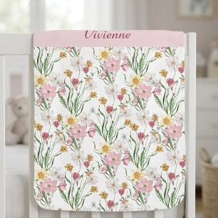 Pink Green Watercolor Wildflower Name Baby Blanket
