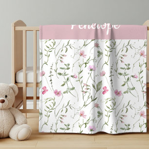 Pink Green Watercolor Wildflower Name Baby Blanket