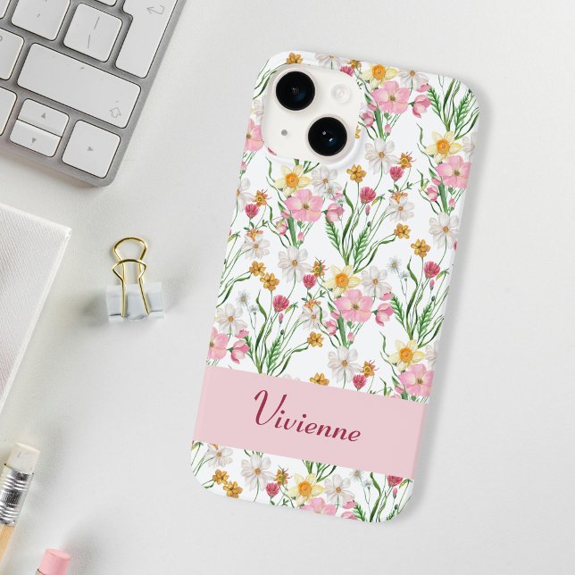 Pink Green Watercolor Wildflower Name Case-Mate iPhone Case (Pink Wildflower Monogram Phone Case)