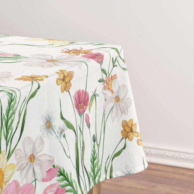 Pink Green Watercolor Wildflower Tablecloth (In Situ)