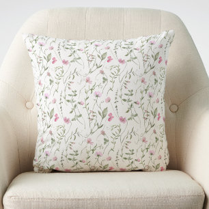 Pink Green Watercolor Wildflower Throw Pillow