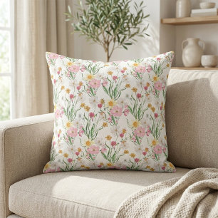Pink Green Watercolor Wildflower Throw Pillow