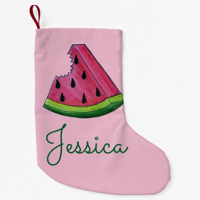 Pink Green Watermelon Melon Slice Wedge Fruity Small Christmas Stocking (Front)