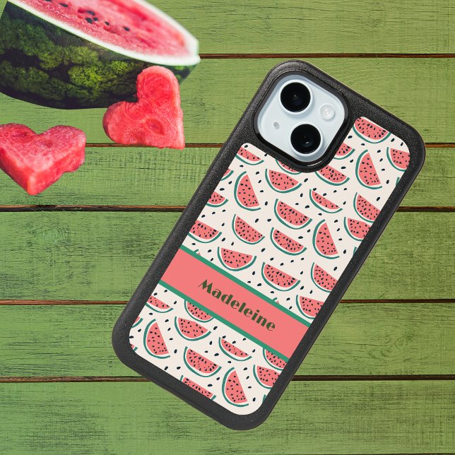 Pink Green Watermelon Retro Pattern Cream Monogram iPhone 15 Case (Creator Uploaded)
