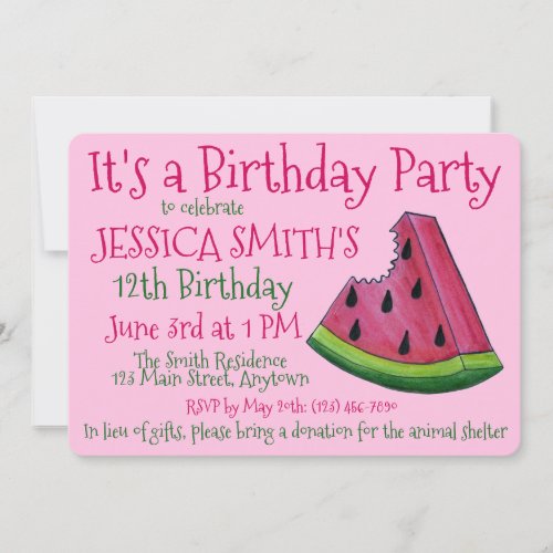 Pink Green Watermelon Slice Birthday Party Picnic Invitation