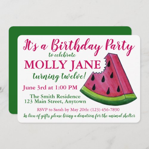 Pink Green Watermelon Slice Birthday Party Shower Invitation