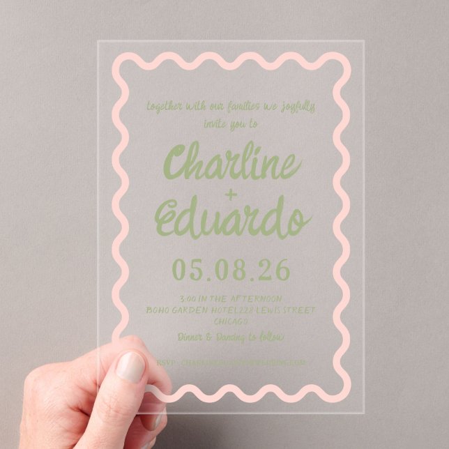 Pink green  Wavy Border Pastel Wedding Invitation (Creator Uploaded)