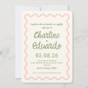 Pink green Wavy Border Pastel Wedding Invitation