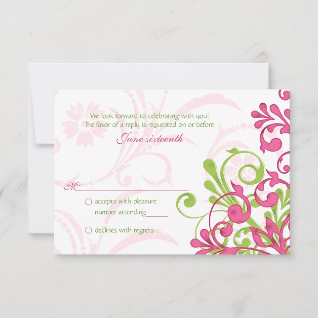 Pink Green White Abstract Floral Wedding RSVP Card (Front)