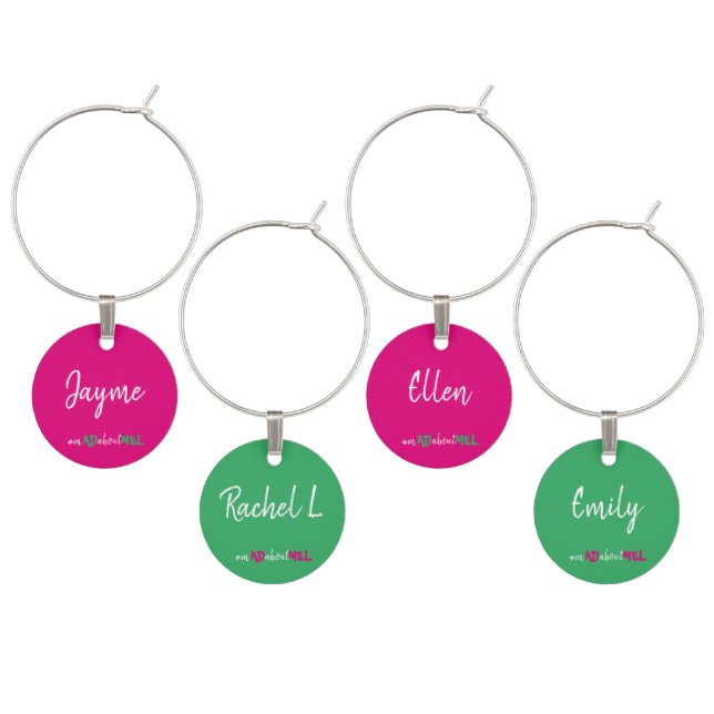 Pink Green White Bachelorette Wine Charms Hashtag (Staggered)