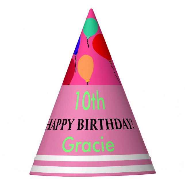 Pink Green White Birthday Balloons NAME Party Hat (Front)