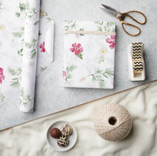 Pink, Green, White Christmas Watercolor Flowers Wrapping Paper