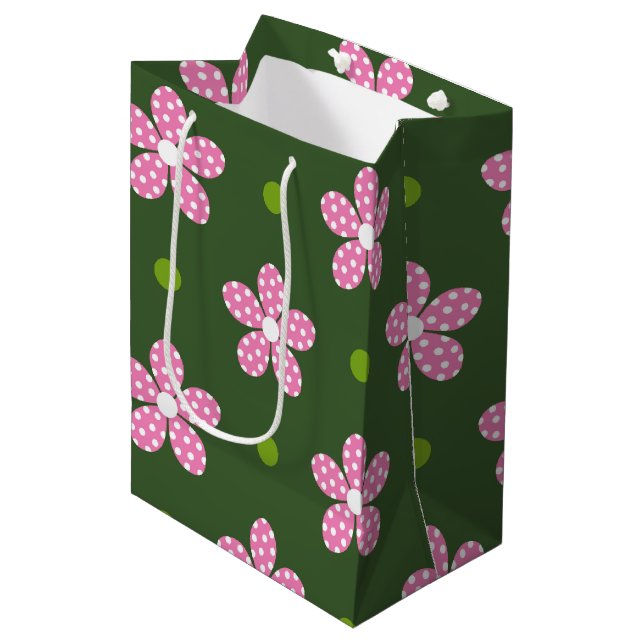 PINK GREEN WHITE DAISY FLOWERS MEDIUM GIFT BAG (Front Angled)