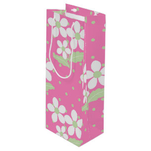 PINK GREEN WHITE DAISY FLOWERS WINE GIFT BAG