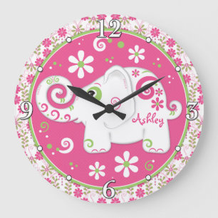 Pink Green White Elephant Floral Personalized Large Clock