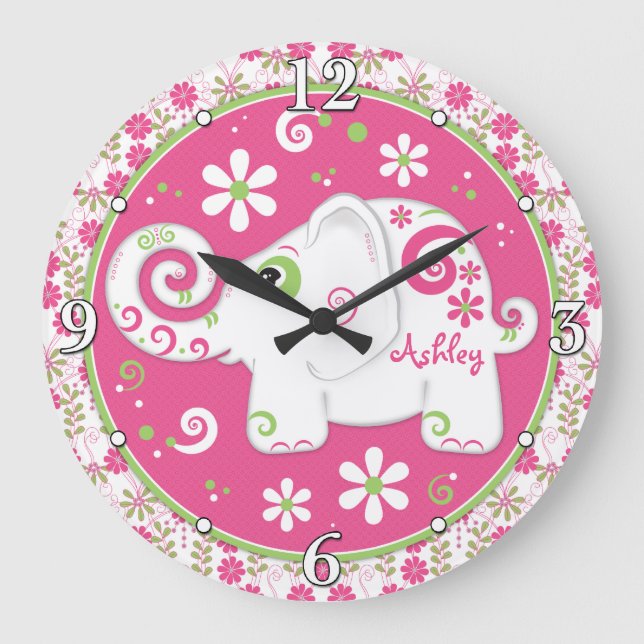 Pink Green White Elephant Floral Personalized Large Clock (Front)