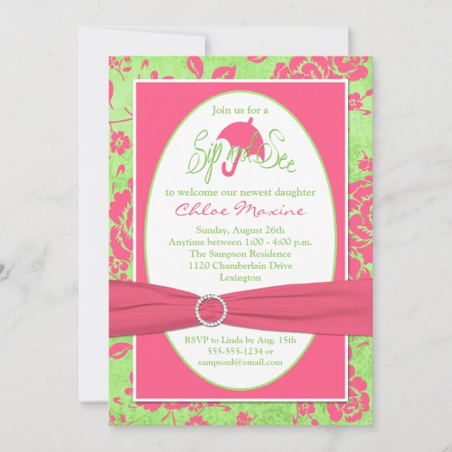 Pink Green White Floral Sip and See Invitation (Front)