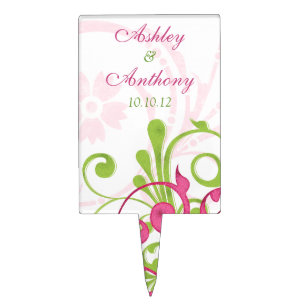 Pink Green White Floral Wedding Bridal Shower Cake Topper