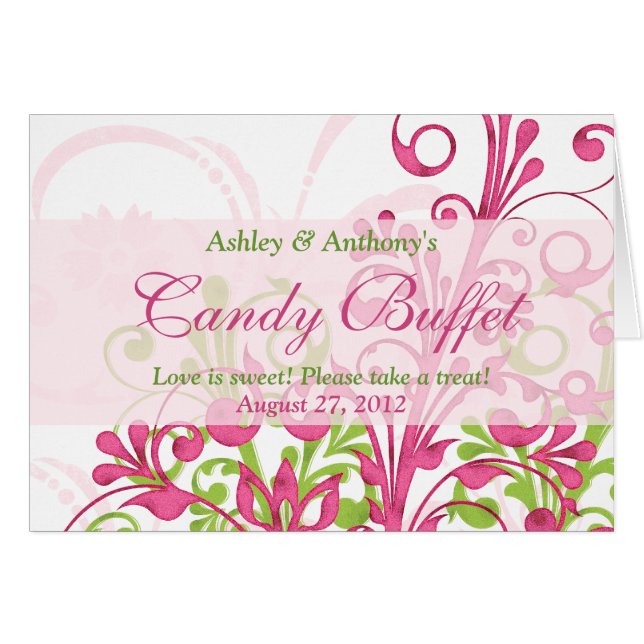 Pink Green White Floral Wedding Candy Buffet Sign Cards (Front Horizontal)