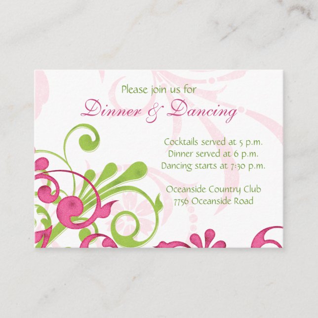 Pink Green White Floral Wedding Reception Card (Front)