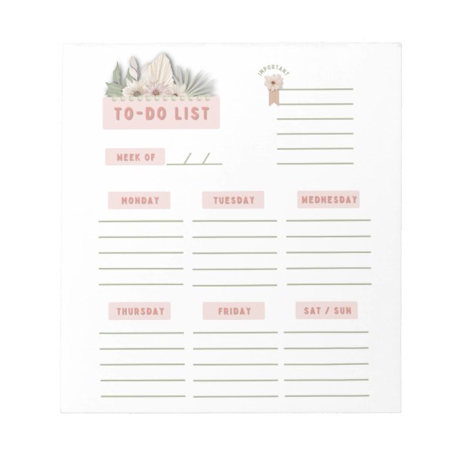 Pink Green White Floral Weekly Planner Organizer  Notepad (Front)