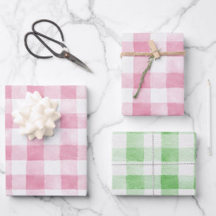 Pink Green White Plaid Stripes Birthday Wrapping Paper Sheets