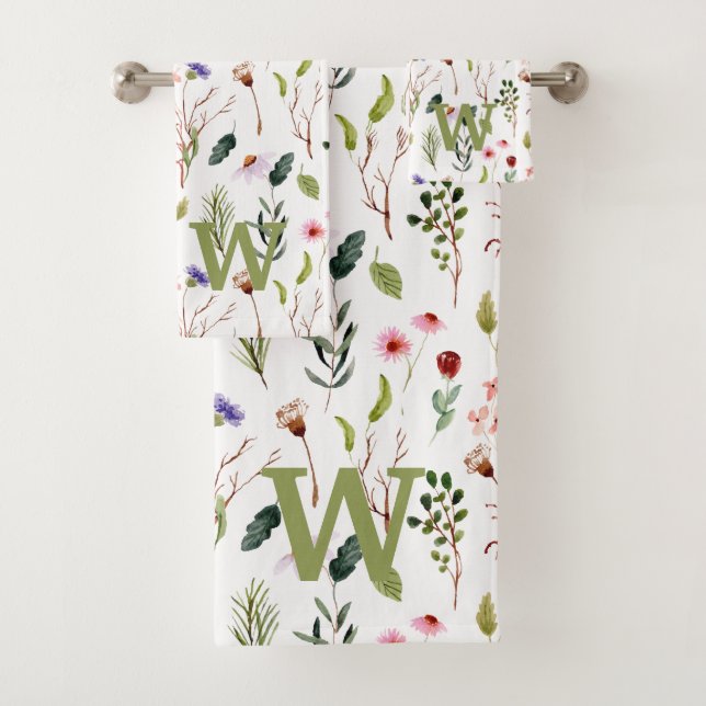 Pink &green wildflower Watercolor Monogram Bath Towel Set (Insitu)