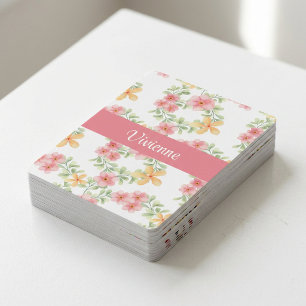 Pink Green Wildflower Watercolor Monogram Name Poker Cards