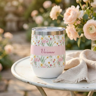 Pink Green Wildflower Watercolor Monogram Name Thermal Wine Tumbler